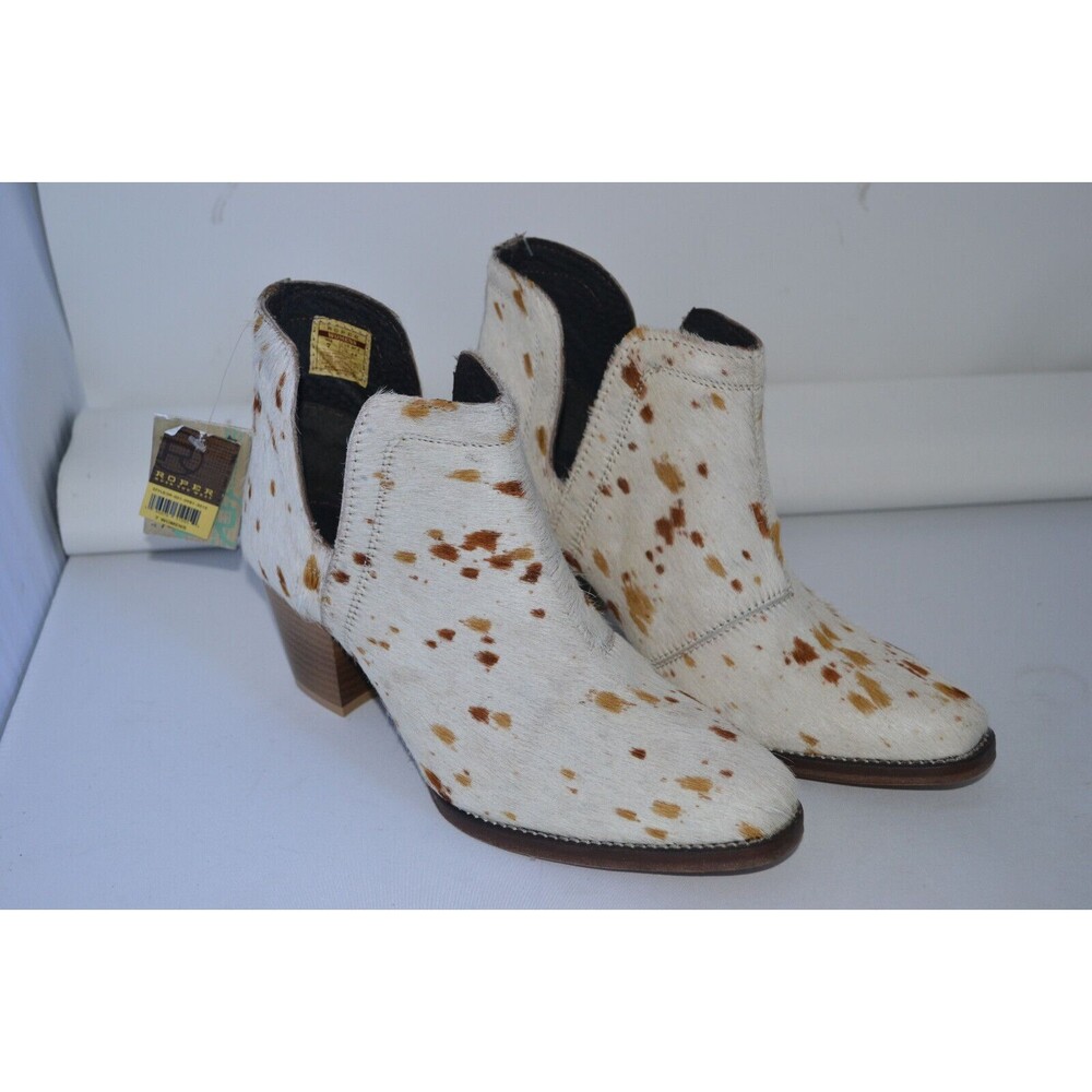 Roper 09-021-0981-3215‎ Rowdy Cream & Tan Hair on Hide Leather Booties Women's 7